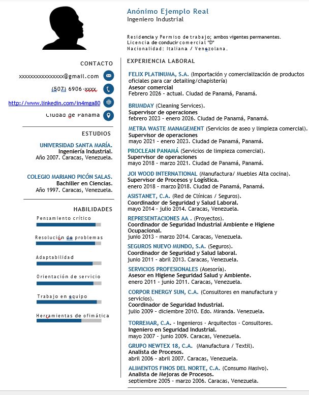 CV en formato antiguo con foto, dos columnas y barras de habilidades, difícil de procesar para un ATS