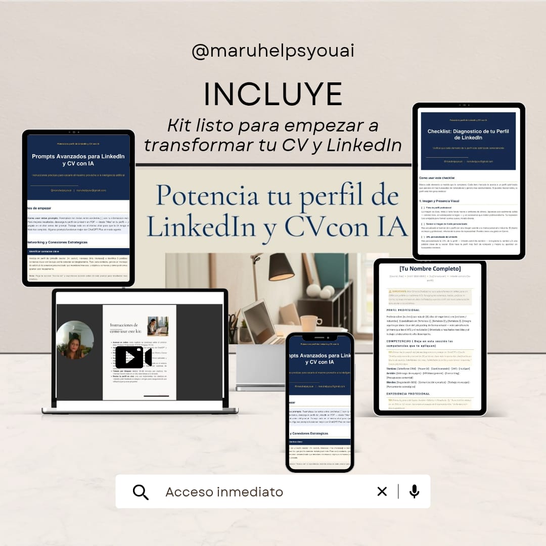Kit Potencia tu perfil de LinkedIn y CV con IA: prompts, checklist, plantilla de CV y video, en laptop, tablet y celular